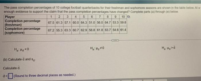 The Pass Completion Percentages Of 10 College Football Quarterbacks For Their Freshman And Sophomore Seasons Are Shown I 1