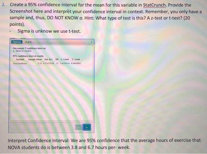 2 Create A 95 Confidence Interval For The Mean For This Variable In Statcrunch Provide The Screenshot Here And Interp 1