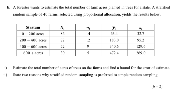 B A Forester Wants To Estimate The Total Number Of Farm Acres Planted In Trees For A State A Stratified Random Sample 1