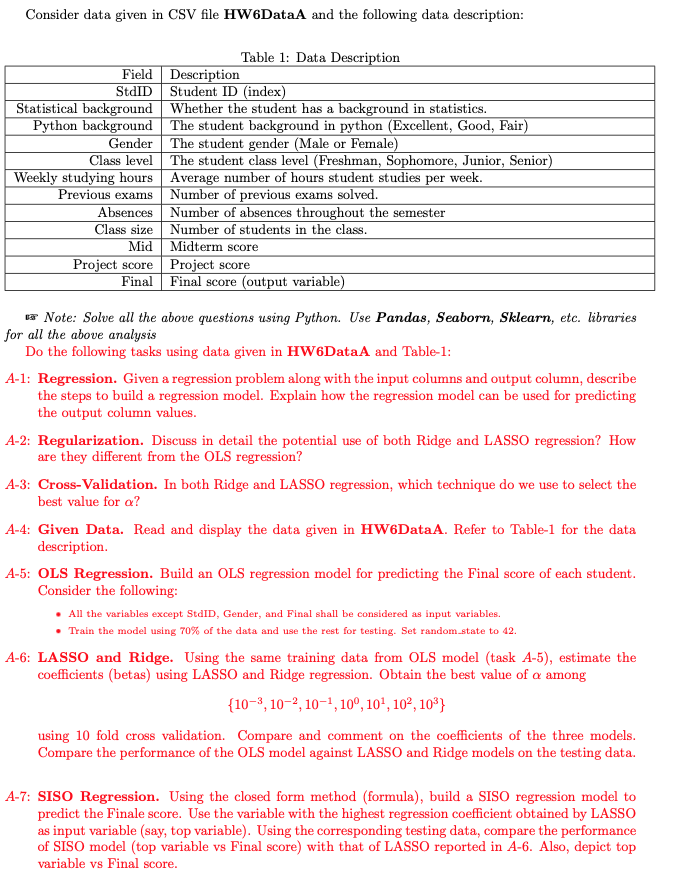 Consider Data Given In Csv File Hw6dataa And The Following Data Description Table 1 Data Description Field Description 1