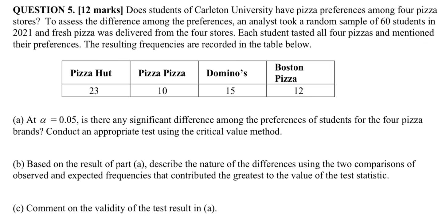 Question 5 12 Marks Does Students Of Carleton University Have Pizza Preferences Among Four Pizza Stores To Assess Th 1