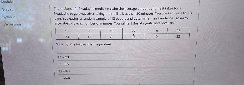 Modules Grades Syllabus The Makers Of A Headache Medicine Claim The Average Amount Of Time It Takes For A Headache To Go 1