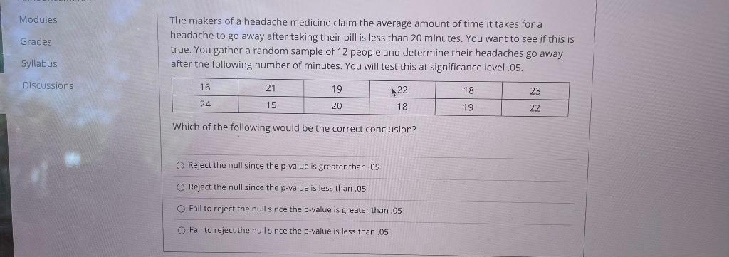 Modules Grades The Makers Of A Headache Medicine Claim The Average Amount Of Time It Takes For A Headache To Go Away Aft 1