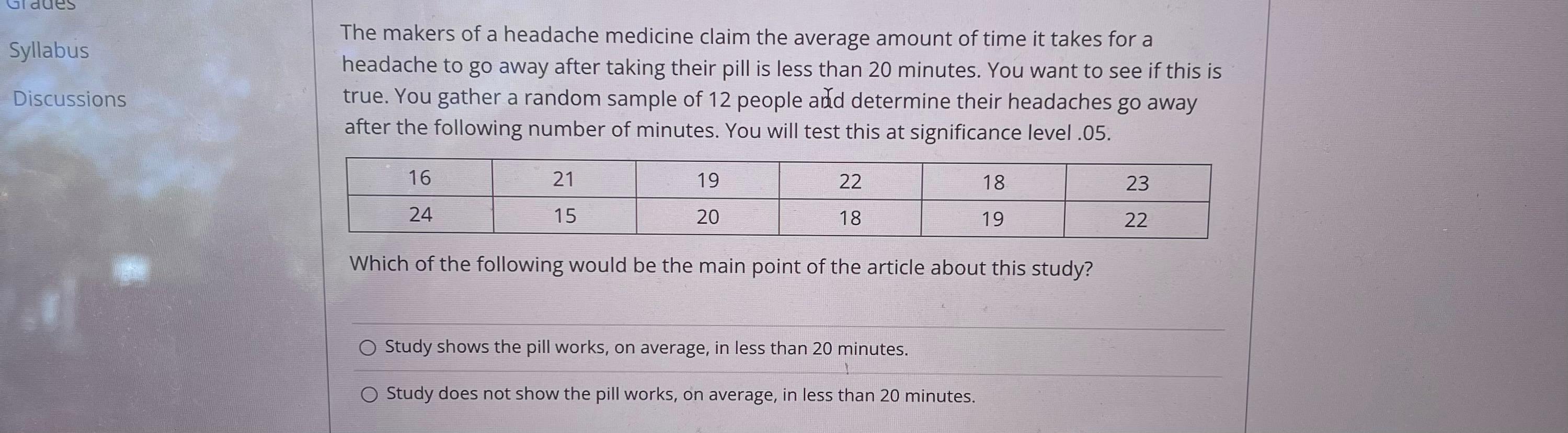 Syllabus The Makers Of A Headache Medicine Claim The Average Amount Of Time It Takes For A Headache To Go Away After Tak 1