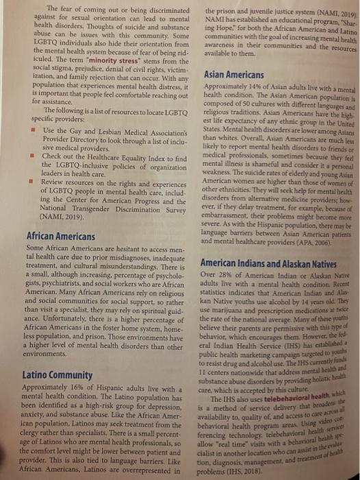 Instructions Hw 9 Mental Health Review The Special Populations Mentioned On Pages 342 345 Select 1 Of The Identified 7