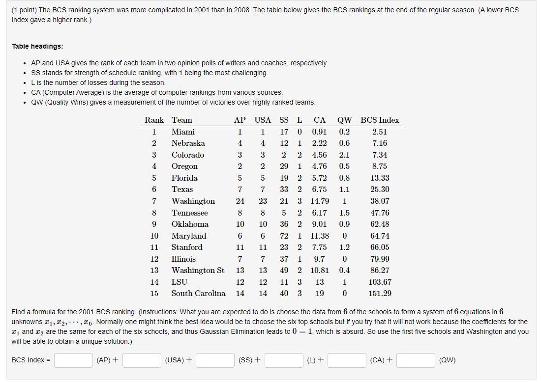 1 Point The Bcs Ranking System Was More Complicated In 2001 Than In 2008 The Table Below Gives The Bcs Rankings At Th 1