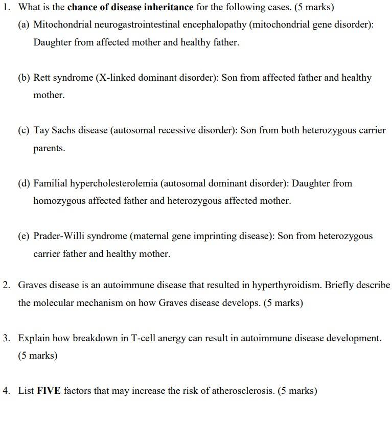 1 What Is The Chance Of Disease Inheritance For The Following Cases 5 Marks A Mitochondrial Neurogastrointestinal 1