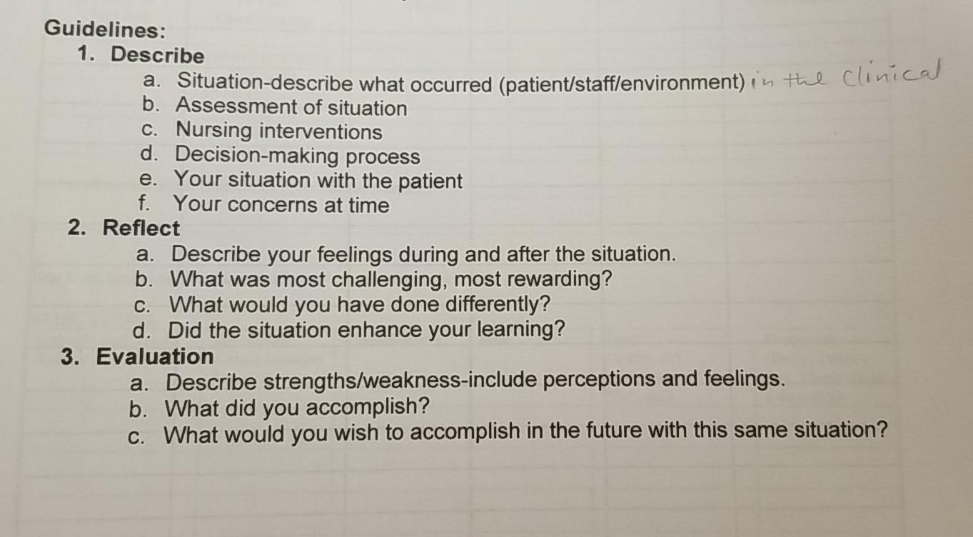 Guidelines 1 Describe A Situation Describe What Occurred Patient Stafflenvironment In The Clinical B Assessment Of 1