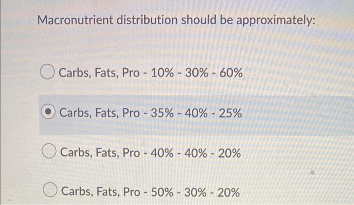 Macronutrient Distribution Should Be Approximately O Carbs Fats Pro 10 30 60 Carbs Fats Pro 35 40 1