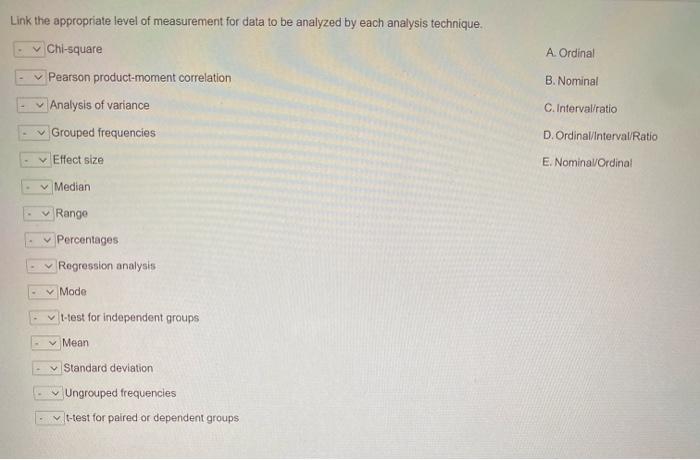 Link The Appropriate Level Of Measurement For Data To Be Analyzed By Each Analysis Technique Chi Square A Ordinal B 1