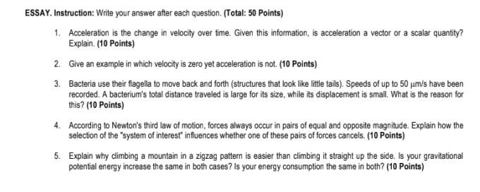 Essay Instruction Write Your Answer After Each Question Total 50 Points 1 Acceleration Is The Change In Velocity 1