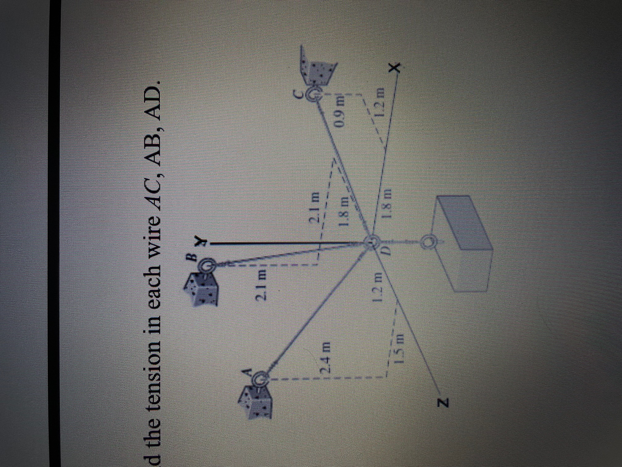 D The Tension In Each Wire Ac Ab Ad Y 2 1 Mi Um 24 M 189 0 9 M Tum 15 M X 1