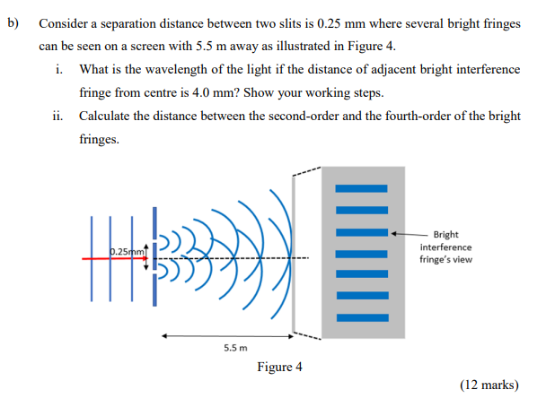B Consider A Separation Distance Between Two Slits Is 0 25 Mm Where Several Bright Fringes Can Be Seen On A Screen With 1