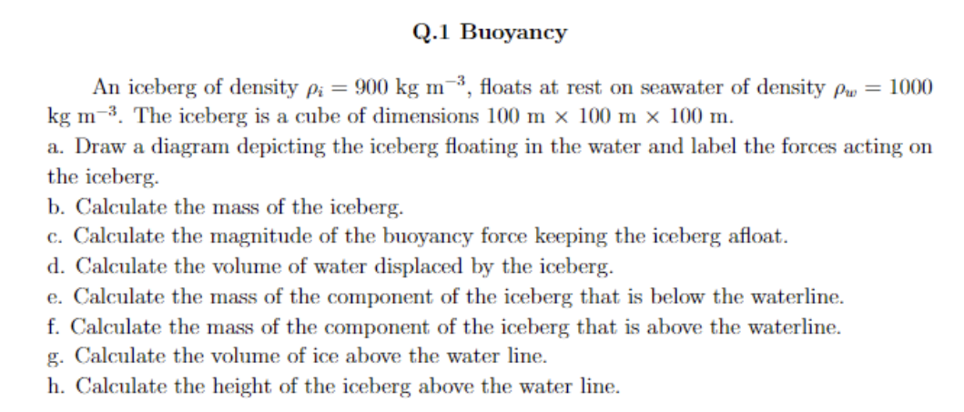 Q 1 Buoyancy An Iceberg Of Density Pi 900 Kg M 3 Floats At Rest On Seawater Of Density Pw 1000 Kg M 3 The Iceberg 1