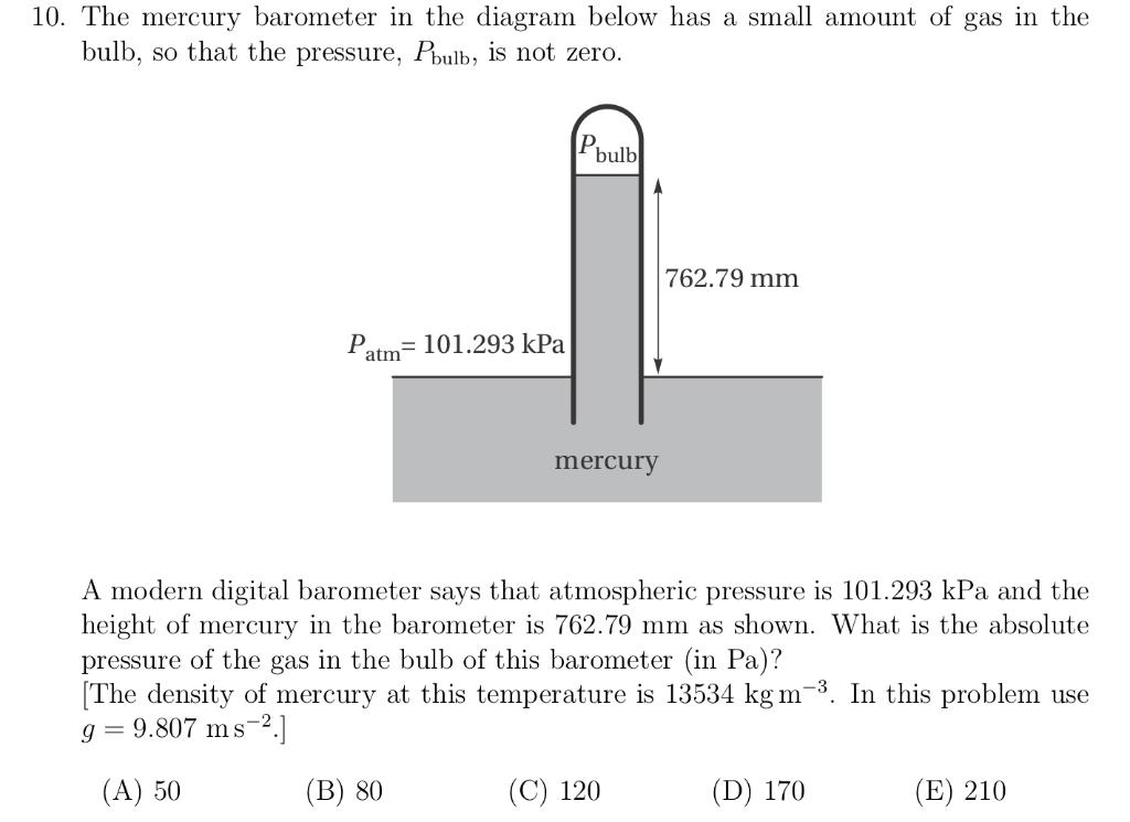 10 The Mercury Barometer In The Diagram Below Has A Small Amount Of Gas In The Bulb So That The Pressure Phulb Is No 1