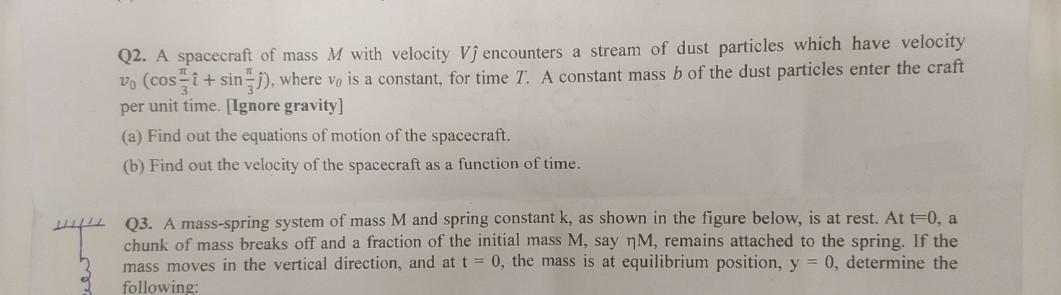Q2 A Spacecraft Of Mass M With Velocity Vj Encounters A Stream Of Dust Particles Which Have Velocity Vo Cosi Sin 1
