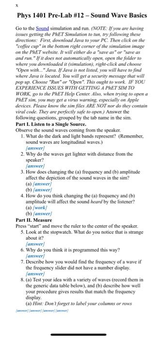 X Phys 1401 Pre Lab 12 Sound Wave Basics Go To The Sound Simulation And Run Note If You Are Having Issues Getting 1