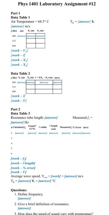 Phys 1401 Laboratory Assignment 12 T Lunswerk Part 1 Data Table 1 Air Temperature 68 5 C Answer M S H M 400 Ans 1