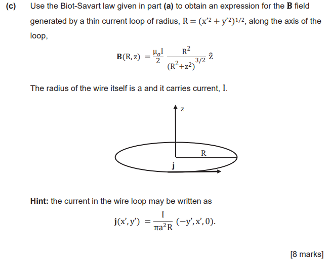 C Use The Biot Savart Law Given In Part A To Obtain An Expression For The B Field Generated By A Thin Current Loop O 1