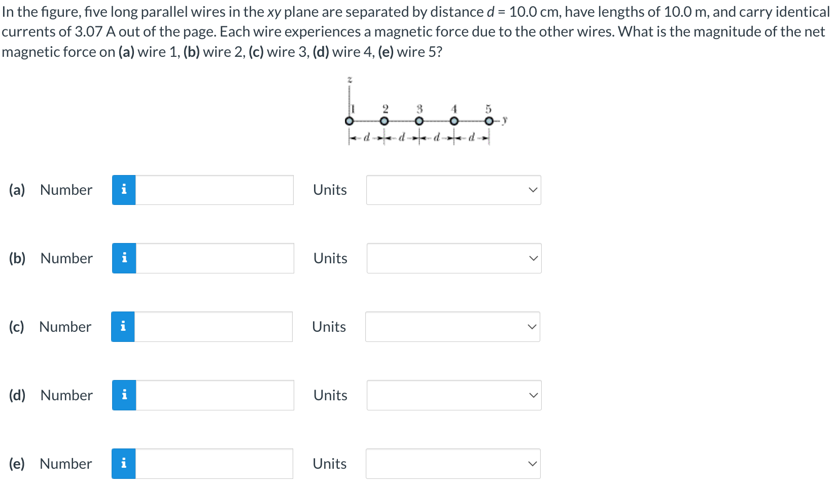 In The Figure Five Long Parallel Wires In The Xy Plane Are Separated By Distance D 10 0 Cm Have Lengths Of 10 0 M A 1