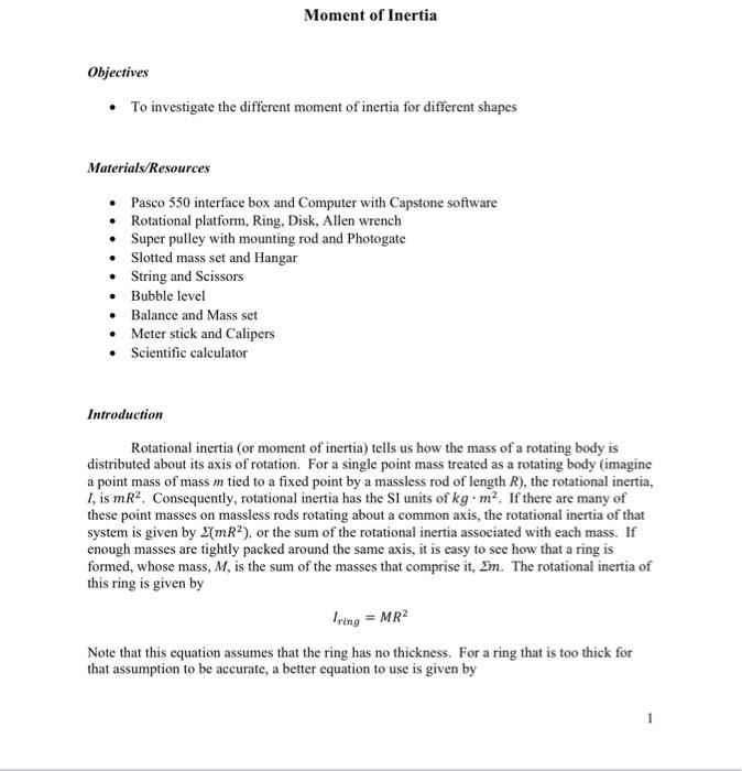 Moment Of Inertia Objectives To Investigate The Different Moment Of Inertia For Different Shapes Materials Resources 1