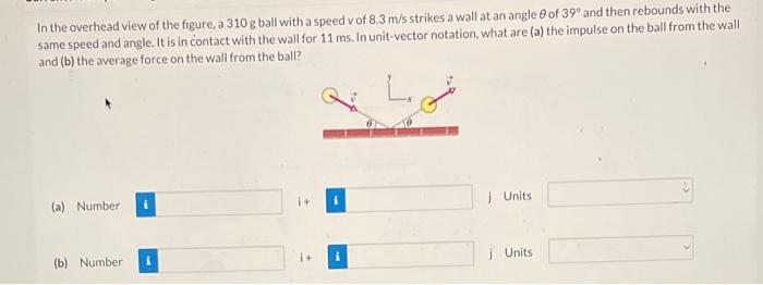 In The Overhead View Of The Figure A 310 G Ball With A Speed V Of 8 3 M S Strikes A Wall At An Angle Of 39 And Then Re 1