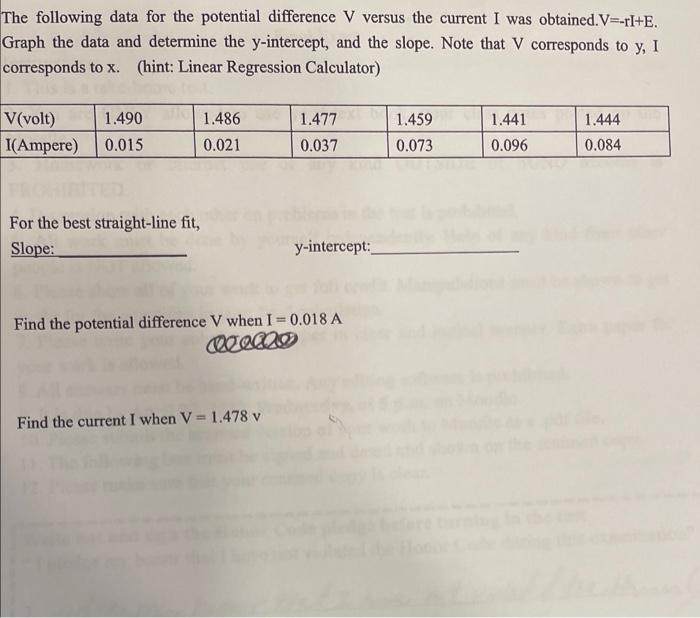 The Following Data For The Potential Difference V Versus The Current I Was Obtained V Ri E Graph The Data And Determi 1
