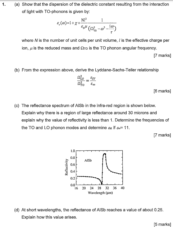 1 A Show That The Dispersion Of The Dielectric Constant Resulting From The Interaction Of Light With To Phonons Is Gi 1