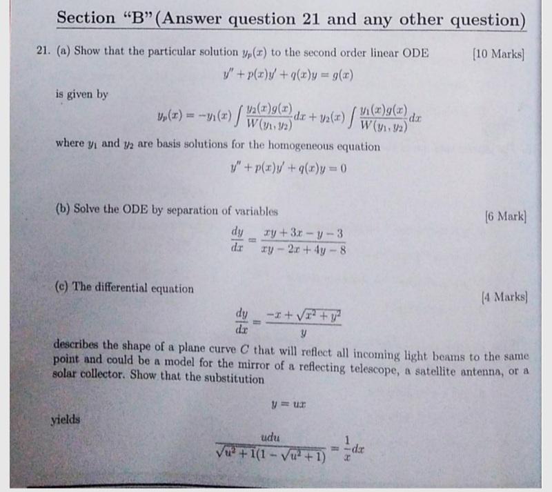 Section B Answer Question 21 And Any Other Question 10 Marks 21 A Show That The Particular Solution Y Tr To The 1