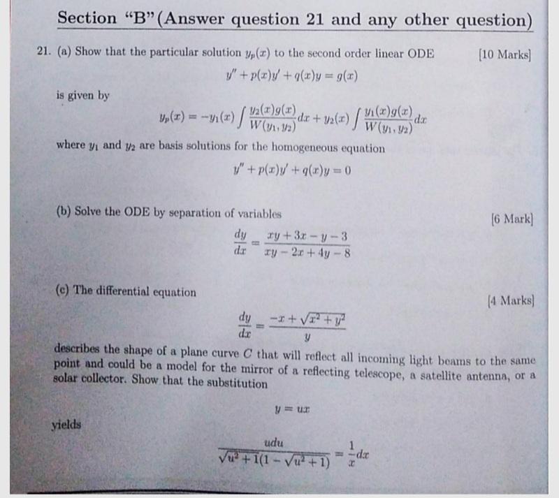 Section B Answer Question 21 And Any Other Question 10 Marks 21 A Show That The Particular Solution Y Tr To The 1