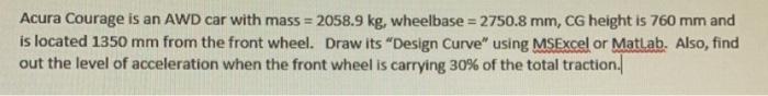 Acura Courage Is An Awd Car With Mass 2058 9 Kg Wheelbase 2750 8 Mm Cg Height Is 760 Mm And Is Located 1350 Mm Fro 1