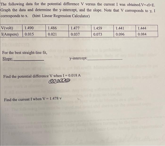 The Following Data For The Potential Difference V Versus The Current I Was Obtained V Ri E Graph The Data And Determin 1
