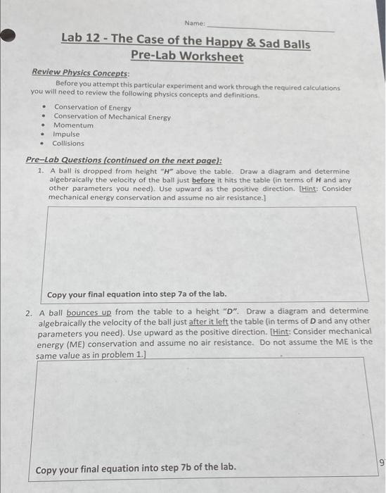 Name Lab 12 The Case Of The Happy Sad Balls Pre Lab Worksheet Review Physics Concepts Before You Attempt This Pa 1