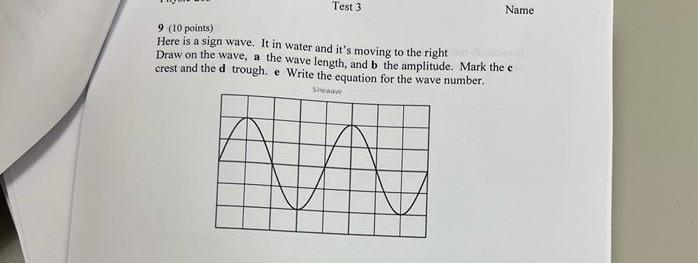 Test 3 Name 9 10 Points Here Is A Sign Wave It In Water And It S Moving To The Right Draw On The Wave A The Wave Len 1