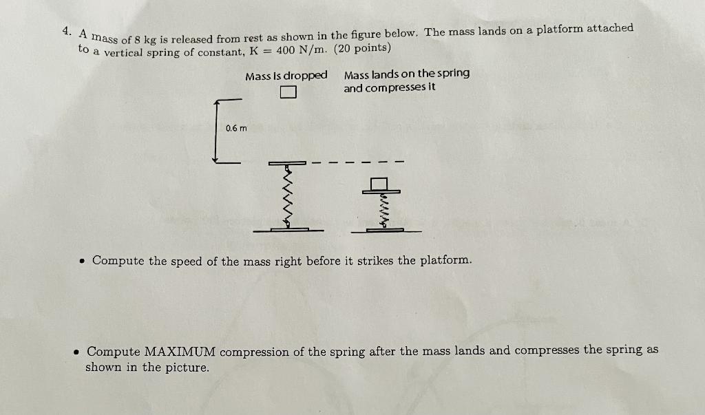 4 A Mass Of 8 Kg Is Released From Rest As Shown In The Figure Below The Mass Lands On A Platform Attached To A Vertica 1