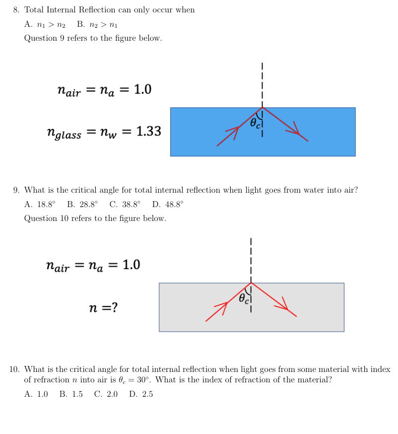 8 Total Internal Reflection Can Only Occur When A Ni N2 B N2 Ni Question 9 Refers To The Figure Below Nair Na 1 1