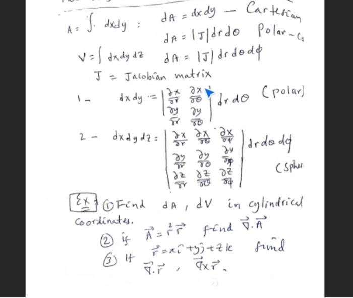 Da Dx Dy Cartesian A A S Dxdy Da 15 Drdo Polarna V L Dxdy Dz Da 15 Dr Do Do 1j J Jacobian Matrix Dx Dy D 1