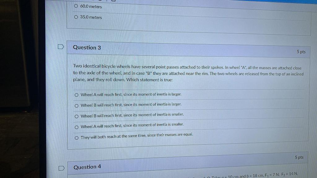 O 60 0 Meters 35 0 Meters Lid Question 3 5 Pts Two Identical Bicycle Wheels Have Several Point Passes Attached To Their 1