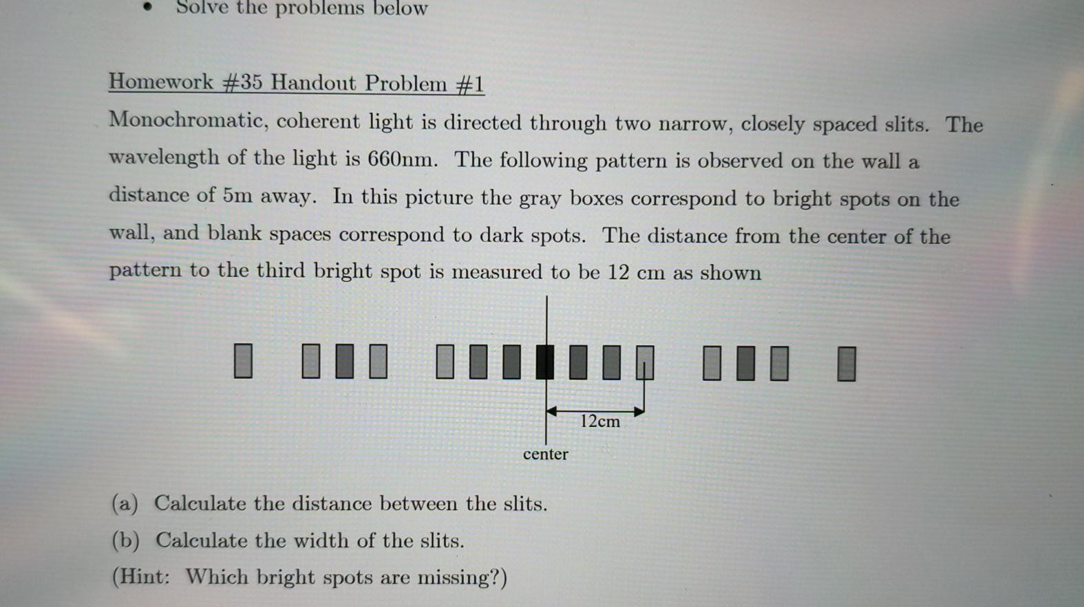 Solve The Problems Below Homework 35 Handout Problem 1 Monochromatic Coherent Light Is Directed Through Two Narrow C 1