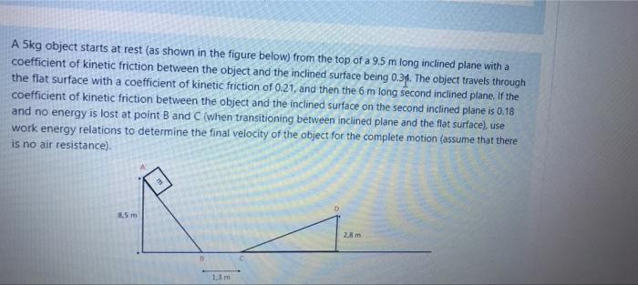 A 5kg Object Starts At Rest As Shown In The Figure Below From The Top Of A 9 5 M Long Inclined Plane With A Coefficien 1