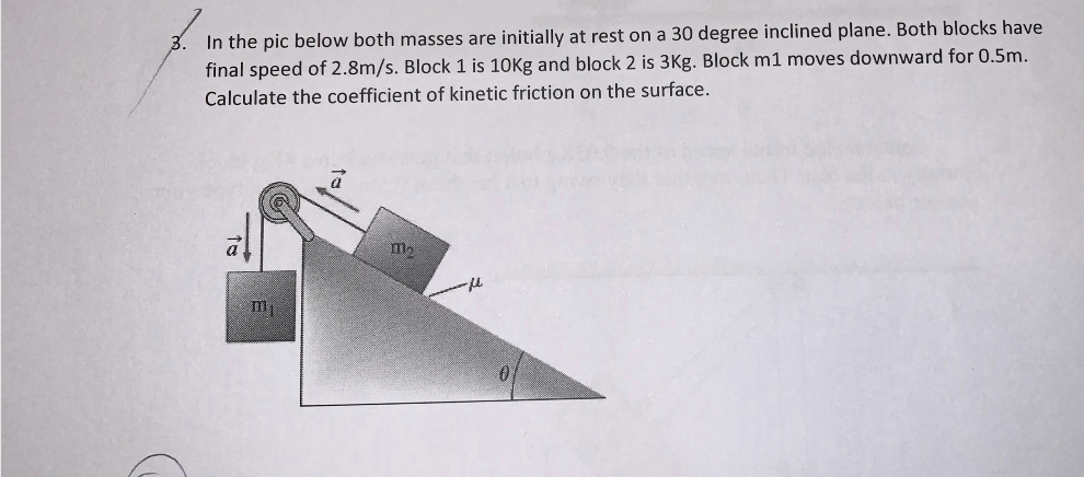 In The Pic Below Both Masses Are Initially At Rest On A 30 Degree Inclined Plane Both Blocks Have Final Speed Of 2 8m S 1