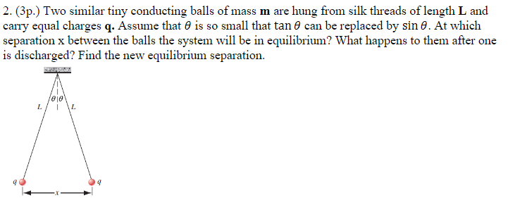 2 3p Two Similar Tiny Conducting Balls Of Mass M Are Hung From Silk Threads Of Length L And Carry Equal Charges Q A 1