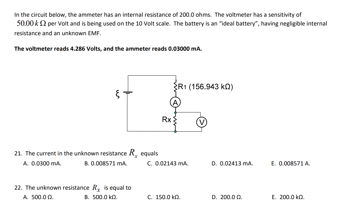 In The Circuit Below The Ammeter Has An Internal Resistance Of 200 0 Ohms The Voltmeter Has A Sensitivity Of 50 00 K 1 1