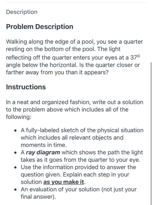 Description Problem Description Walking Along The Edge Of A Pool You See A Quarter Resting On The Bottom Of The Pool T 1