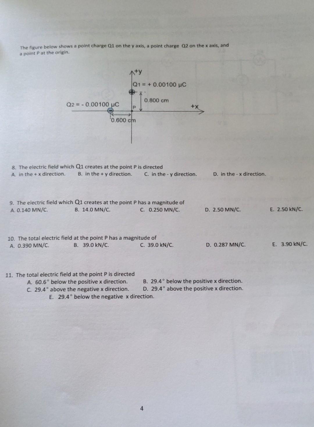 The Figure Below Shows A Point Charge Q1 On The Y Axis A Point Charge Q2 On The X Axis And A Point P At The Origin Y 1