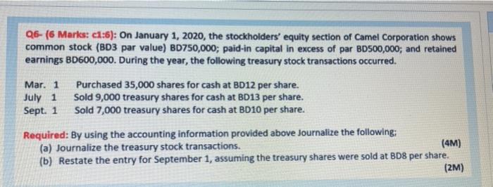 96 6 Marks 1 6 On January 1 2020 The Stockholders Equity Section Of Camel Corporation Shows Common Stock Bd3 Pa 1