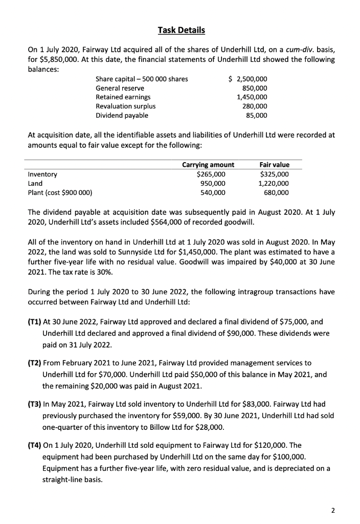 Task Details On 1 July 2020 Fairway Ltd Acquired All Of The Shares Of Underhill Ltd On A Cum Div Basis For 5 850 00 1