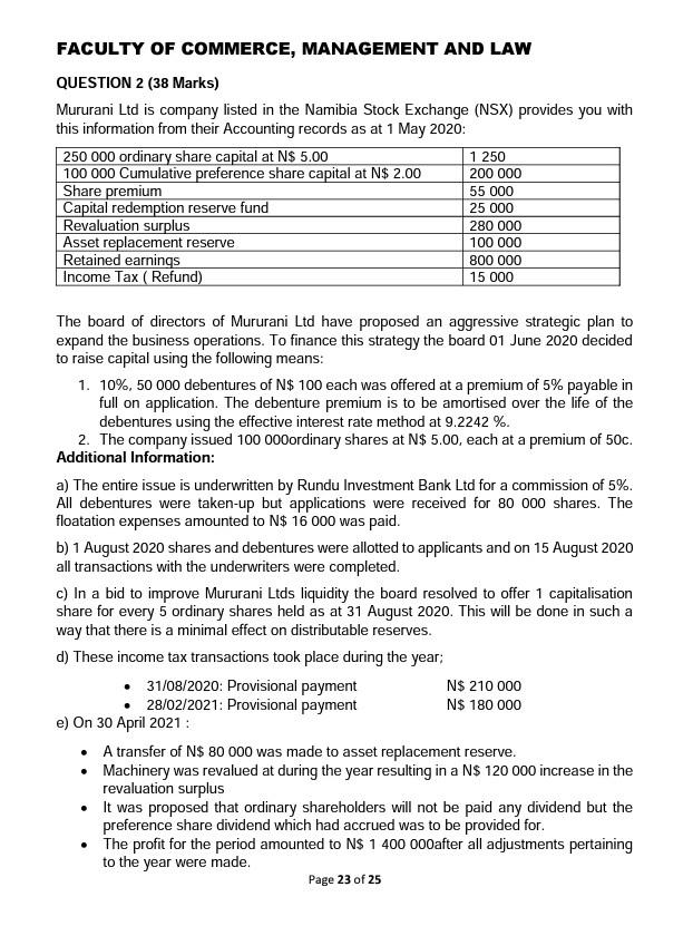 Faculty Of Commerce Management And Law Question 2 38 Marks Mururani Ltd Is Company Listed In The Namibia Stock Exchan 1