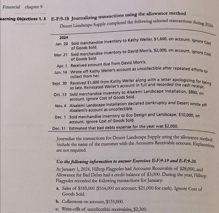 Financial Chapter 9 Mearning Objectives 1 3 E F 9 18 Journalizing Transactions Using The Allowance Method Desert Landsc 1