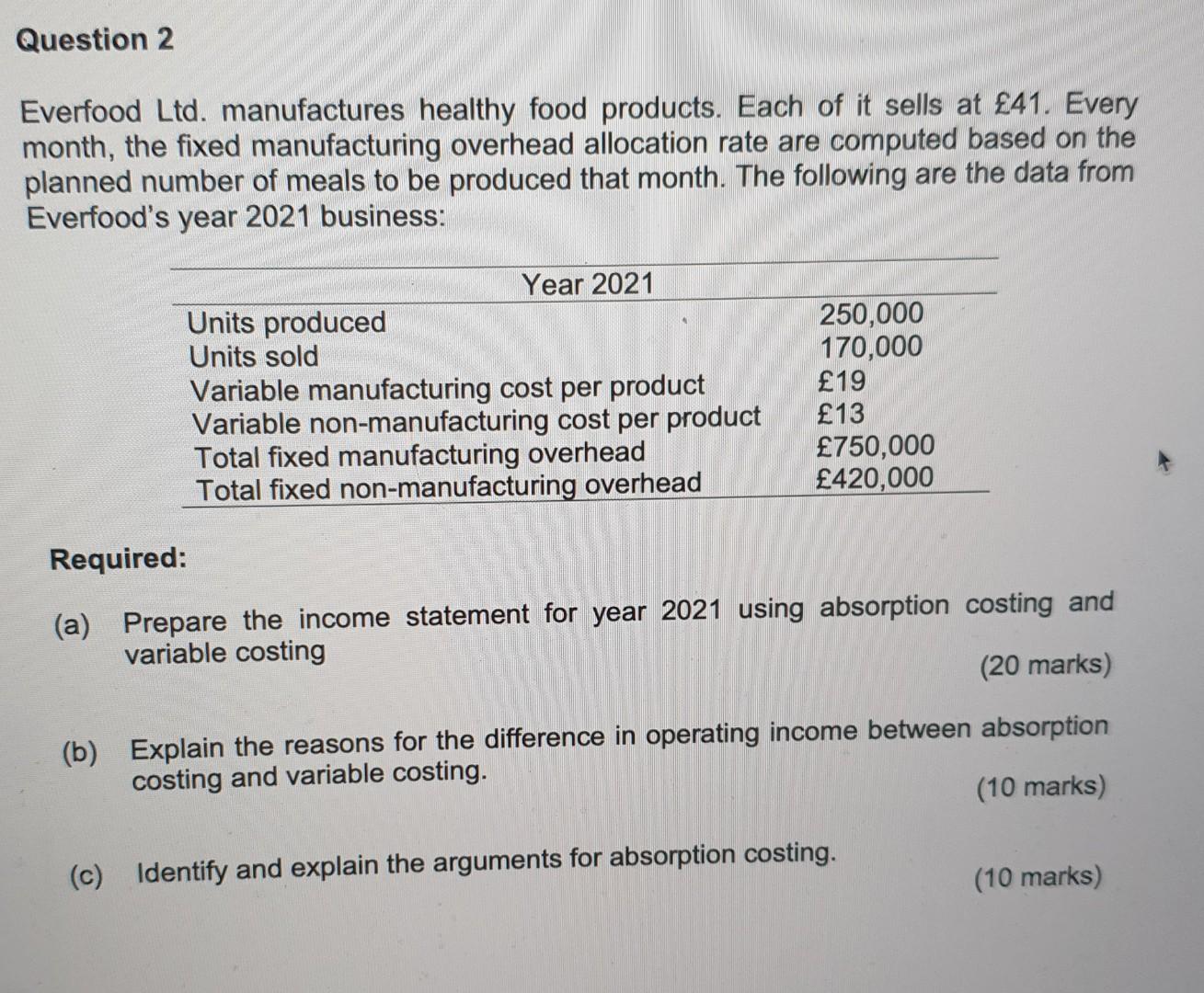 Question 2 Everfood Ltd Manufactures Healthy Food Products Each Of It Sells At 41 Every Month The Fixed Manufacturi 1